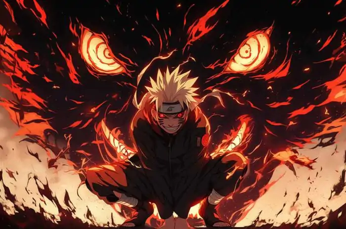 Fond d'écran Naruto Renard à Neuf Queues Mode Sombre 4K, yeux rouges Kurama feu chakra anime HD Naruto Shippuden gratuit pour Pc & mobile.