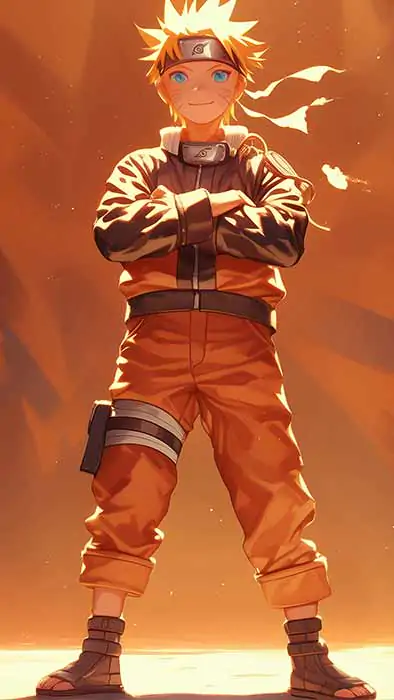 Young Naruto Uzumaki 4K wallpaper, kid Naruto orange jumpsuit Leaf Village headband glowing background free download for PC & mobile phone