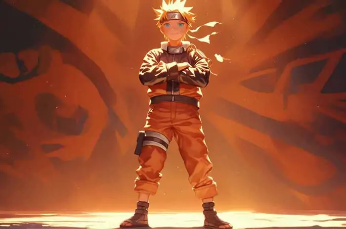 Young Naruto Uzumaki 4K wallpaper, kid Naruto orange jumpsuit Leaf Village headband glowing background free download for PC & mobile phone