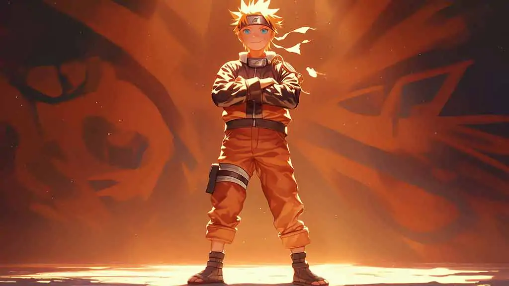 Young Naruto Uzumaki 4K wallpaper, kid Naruto orange jumpsuit Leaf Village headband glowing background free download for PC & mobile phone