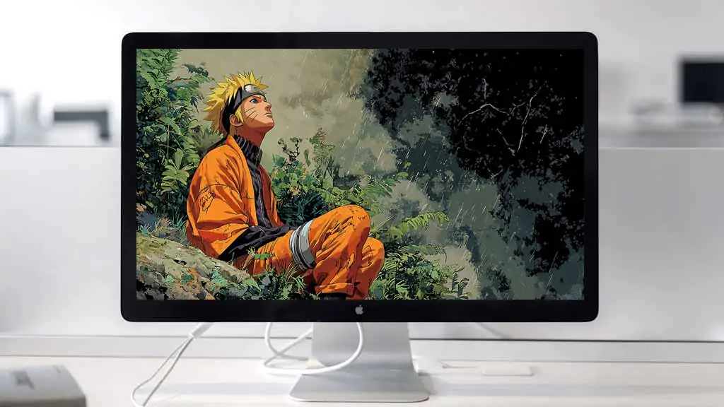 Naruto Uzumaki sitting on rock in rain 4K wallpaper, aesthetic nature forest green anime comic art style free download for PC & mobile phone