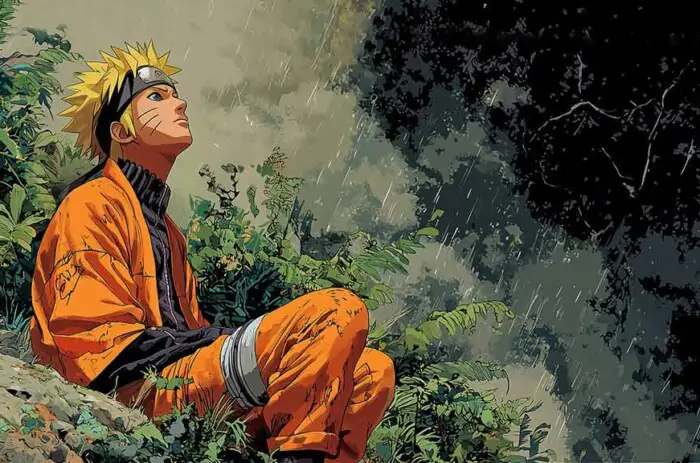 Naruto Uzumaki sitting on rock in rain 4K wallpaper, aesthetic nature forest green anime comic art style free download for PC & mobile phone