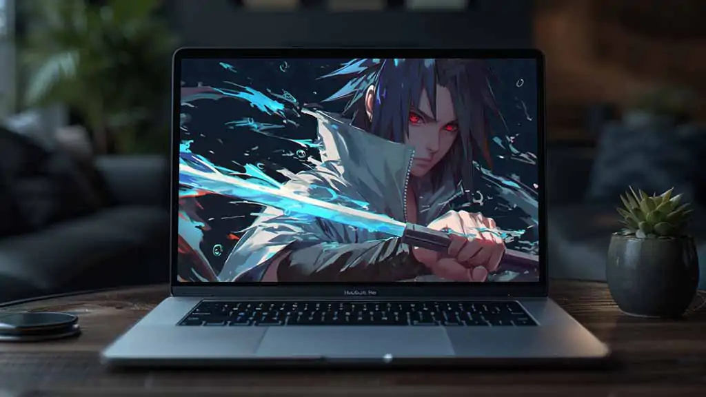 Sasuke Uchiha wielding glowing blue katana with Sharingan eyes activated, dark aesthetic Naruto Shippuden anime fan art