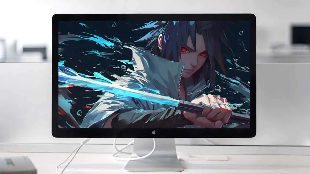 Sasuke Uchiha wielding glowing blue katana with Sharingan eyes activated, dark aesthetic Naruto Shippuden anime fan art