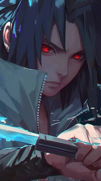 Sasuke Uchiha wielding glowing blue katana with Sharingan eyes activated, dark aesthetic Naruto Shippuden anime fan art