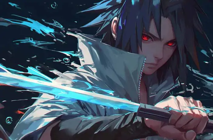Sasuke Uchiha wielding glowing blue katana with Sharingan eyes activated, dark aesthetic Naruto Shippuden anime fan art