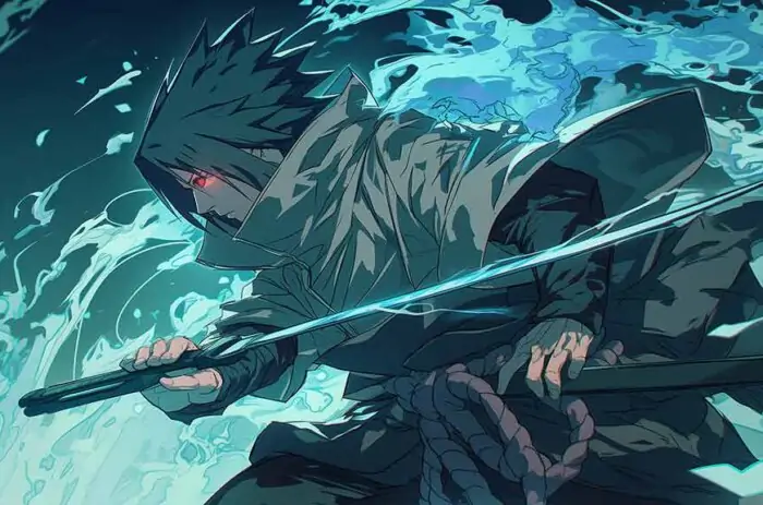 Sasuke Uchiha with glowing red Sharingan eye wielding katana sword surrounded by blue chakra energy in dark anime art style