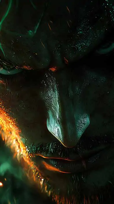 Roronoa Zoro close up portrait from One Piece anime with glowing green aura and fiery orange scar effect in 4K resolution