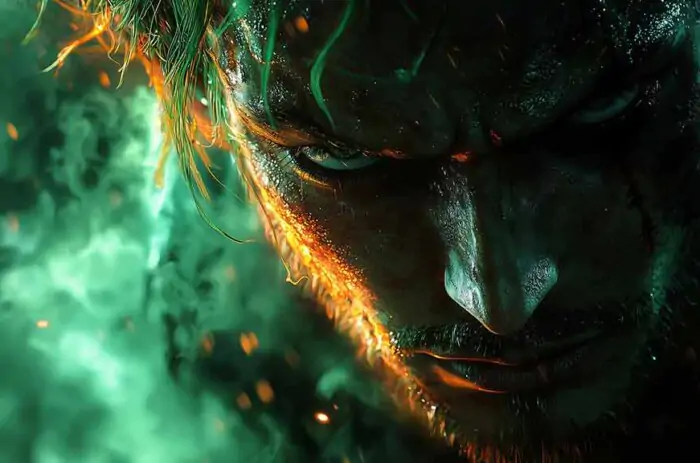 Roronoa Zoro close up portrait from One Piece anime with glowing green aura and fiery orange scar effect in 4K resolution