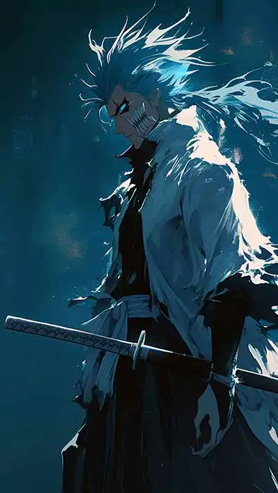 Fond d'écran 4K Grimmjow Jaegerjaquez Bleach Ultra HD gratuit à télécharger. Art anime épique mettant en vedette le guerrier Espada en tons bleus pour PC et mobile