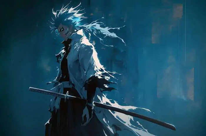 Grimmjow Jaegerjaquez from Bleach anime with blue hair and katana sword in dark atmospheric art style wallpaper 4k Ultra HD