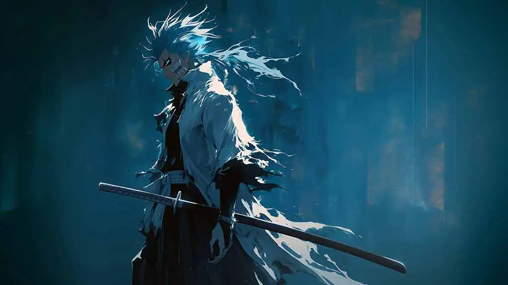 Fond d'écran 4K Grimmjow Jaegerjaquez Bleach Ultra HD gratuit à télécharger. Art anime épique mettant en vedette le guerrier Espada en tons bleus pour PC et mobile