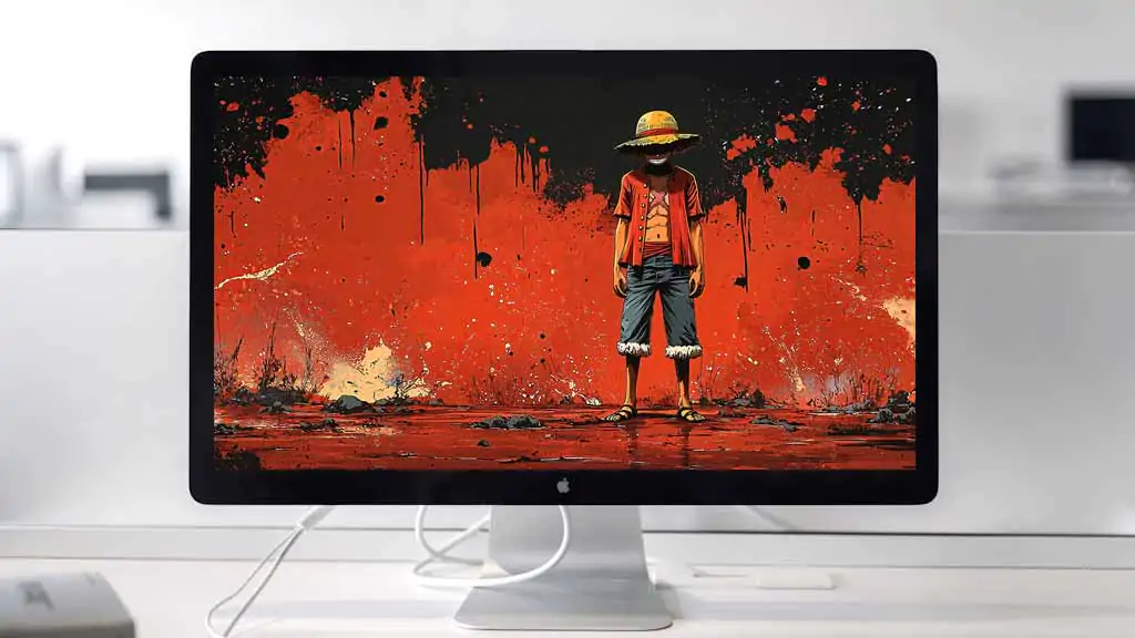 Monkey D. Luffy one piece straw hat dramatic red painted background in 4k wallpaper ultra HD free for Pc & mobile phone