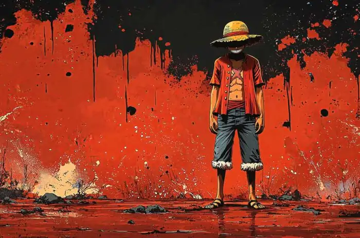 Monkey D. Luffy one piece straw hat dramatic red painted background in 4k wallpaper ultra HD free for Pc & mobile phone