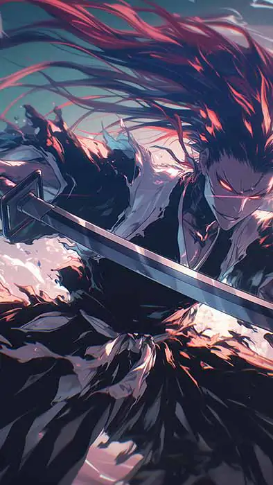 Renji Abarai Zabimaru sword with flowing red hair in dynamic Bleach anime battle pose artwork wallpaper 4k Ultra HD free download for Pc & mobile phoen iphone