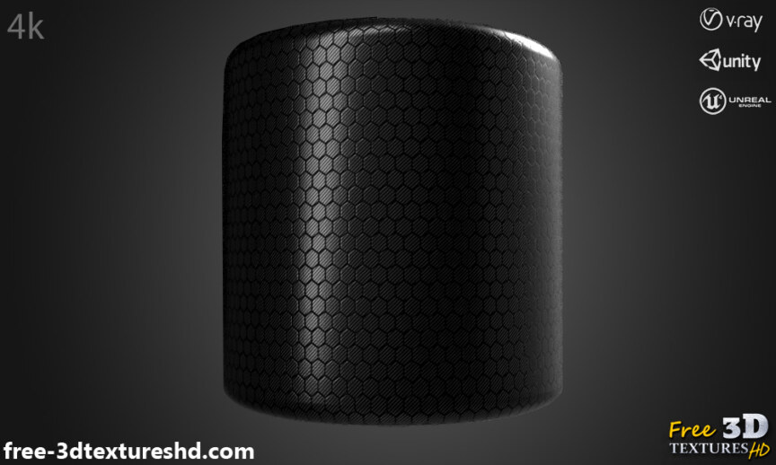 Black-Carbon-fiber-hexagon-3d-texture-PBR-material-background-free-download-HD-4K-Unity-Unreal-Vray-render-cylindre