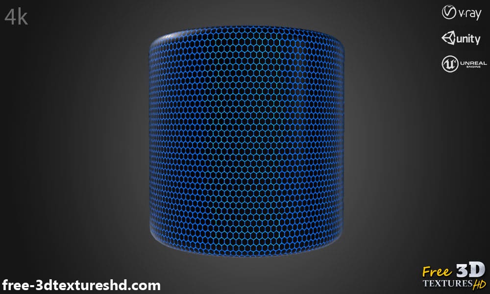 Carbon-fiber-hexagon-blue-light-3d-texture-PBR-material-background-free-download-HD-4K-Unity-Unreal-Vray-render-cylindre