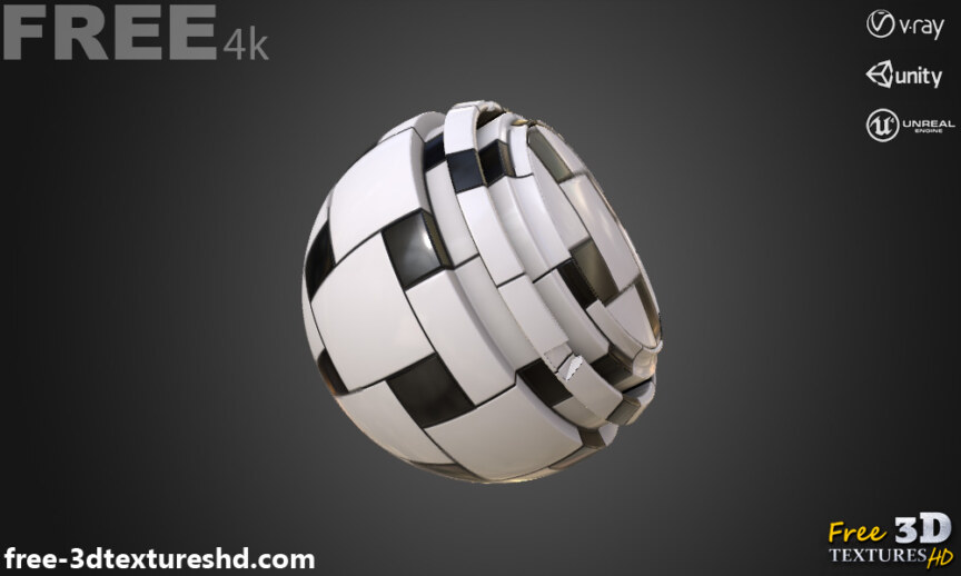 Black-and-white-square-ceramic-tile-PBR-texture-3D-free-download-High-resolution-Unity-Unreal-Vray-render-preview-material