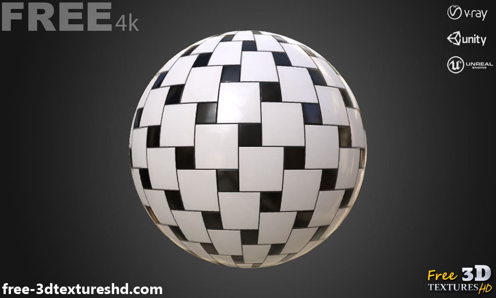 Black-and-white-square-ceramic-tile-PBR-texture-3D-free-download-High-resolution-Unity-Unreal-Vray-render