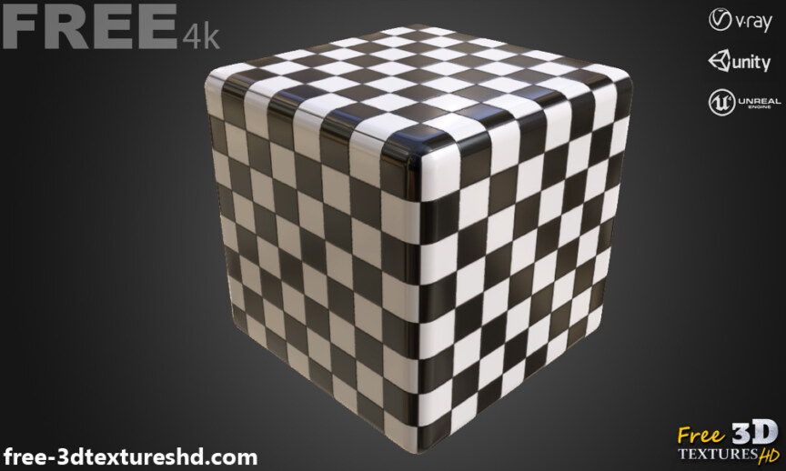 ceramic-black-white-square-tiles-checkered-seamless-PBR-texture-3D-free-download-High-resolution-Unity-Unreal-Vray-render-cube