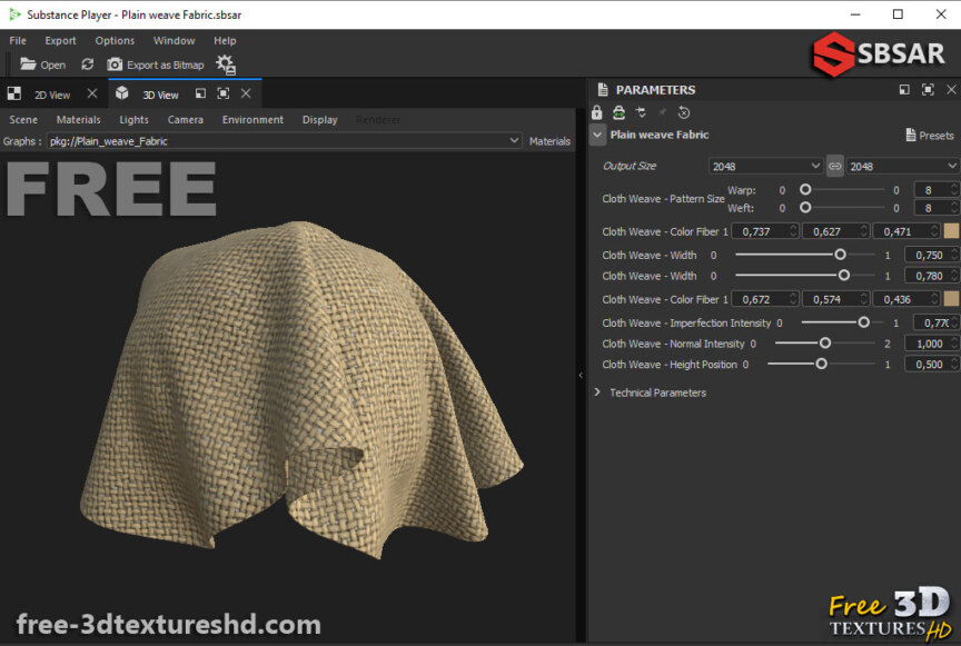 Plain-weave-fabric-PBR-texture-3D-free-download-High-resolution-Substance-Sbsar-Unity-Unreal-Vray-player