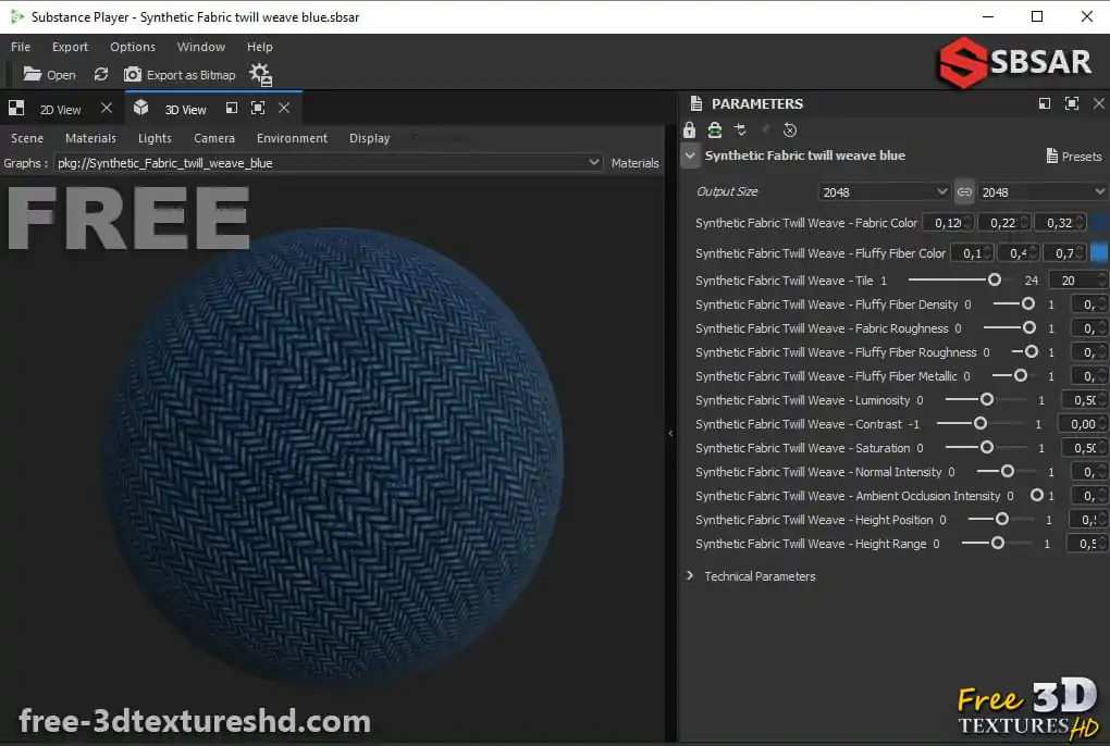 Synthetic Blue Twill Weave Substance SBSAR Free Download PBR Texture 3D ...