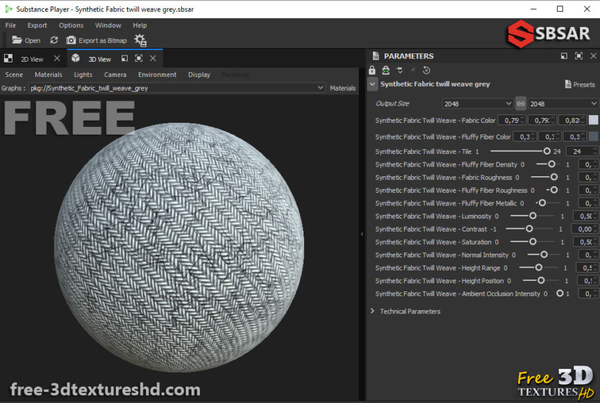 Synthetic-fabric-twill-weave-grey-PBR-texture-3D-free-download-High-resolution-Substance-Sbsar-Unity-Unreal-Vray-player