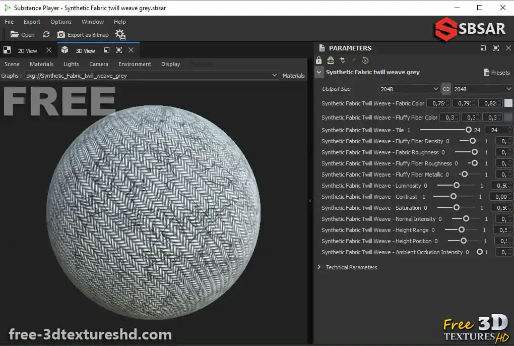 Synthetic Twill Weave Grey Substance SBSAR Free Download PBR Texture 3D ...