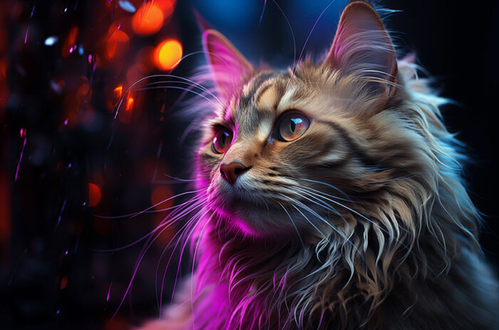 Fluffy cat on purple light ultra HD 4K wallpaper background for Desktop laptop iphone and Phone free download