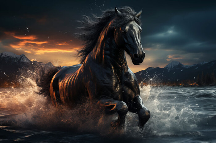 Black Horse running in water ultra HD 4K wallpaper background for Desktop laptop iphone and Phone free download