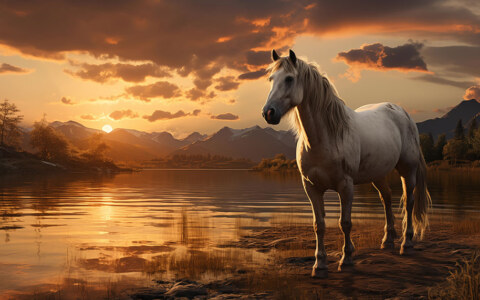 White horse lake and sunset ultra HD 4K wallpaper background for Desktop laptop iphone and Phone free download