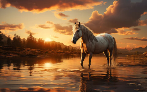 beautiful white horse during sunset ultra HD 4K wallpaper background for Desktop and Phone free download