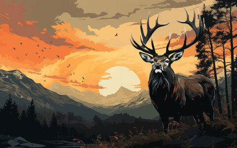 deer at sunset illustration ultra HD 4K wallpaper background for Desktop and Phone free download